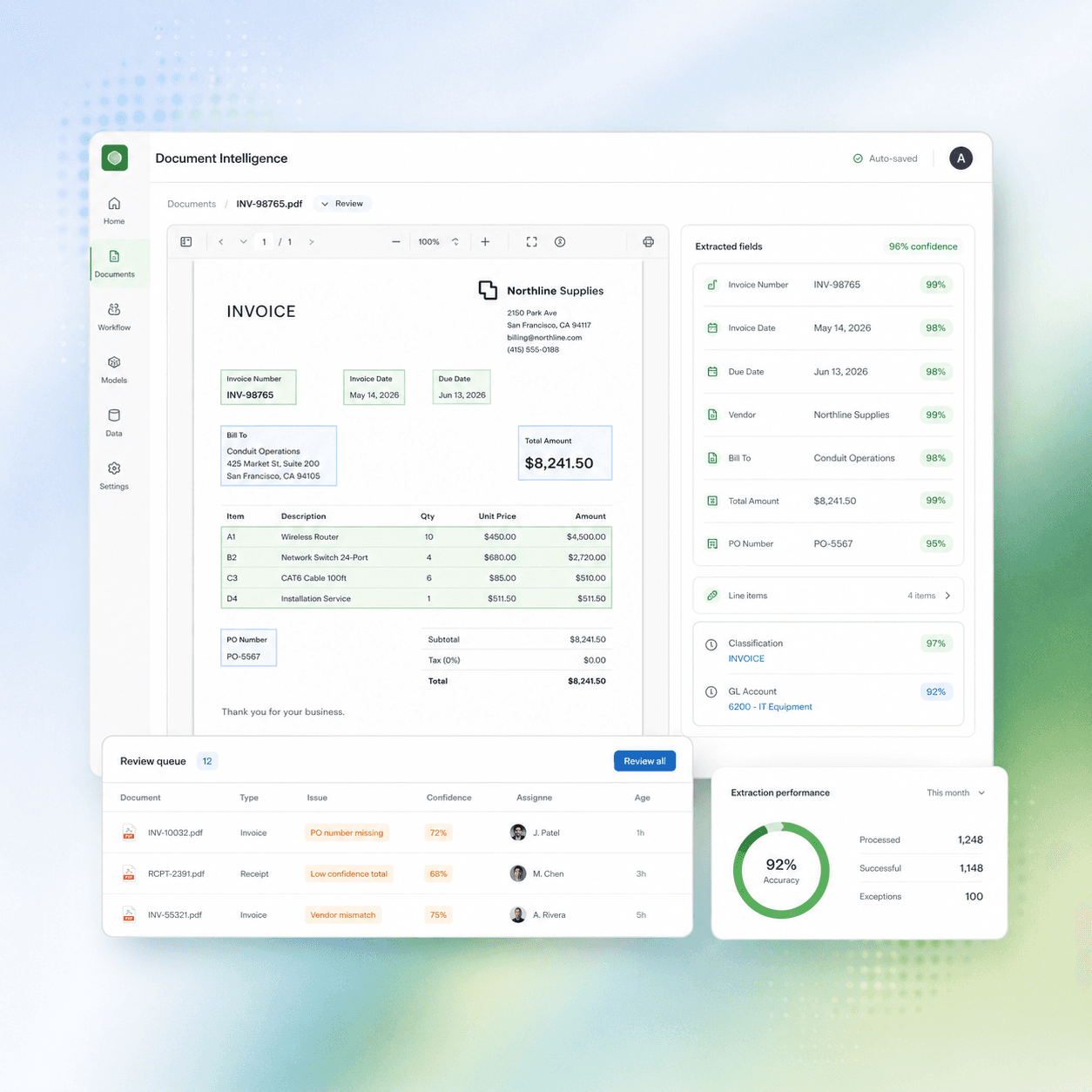 Document intelligence UI extracting structured fields from an invoice, with a review queue and confidence indicators.