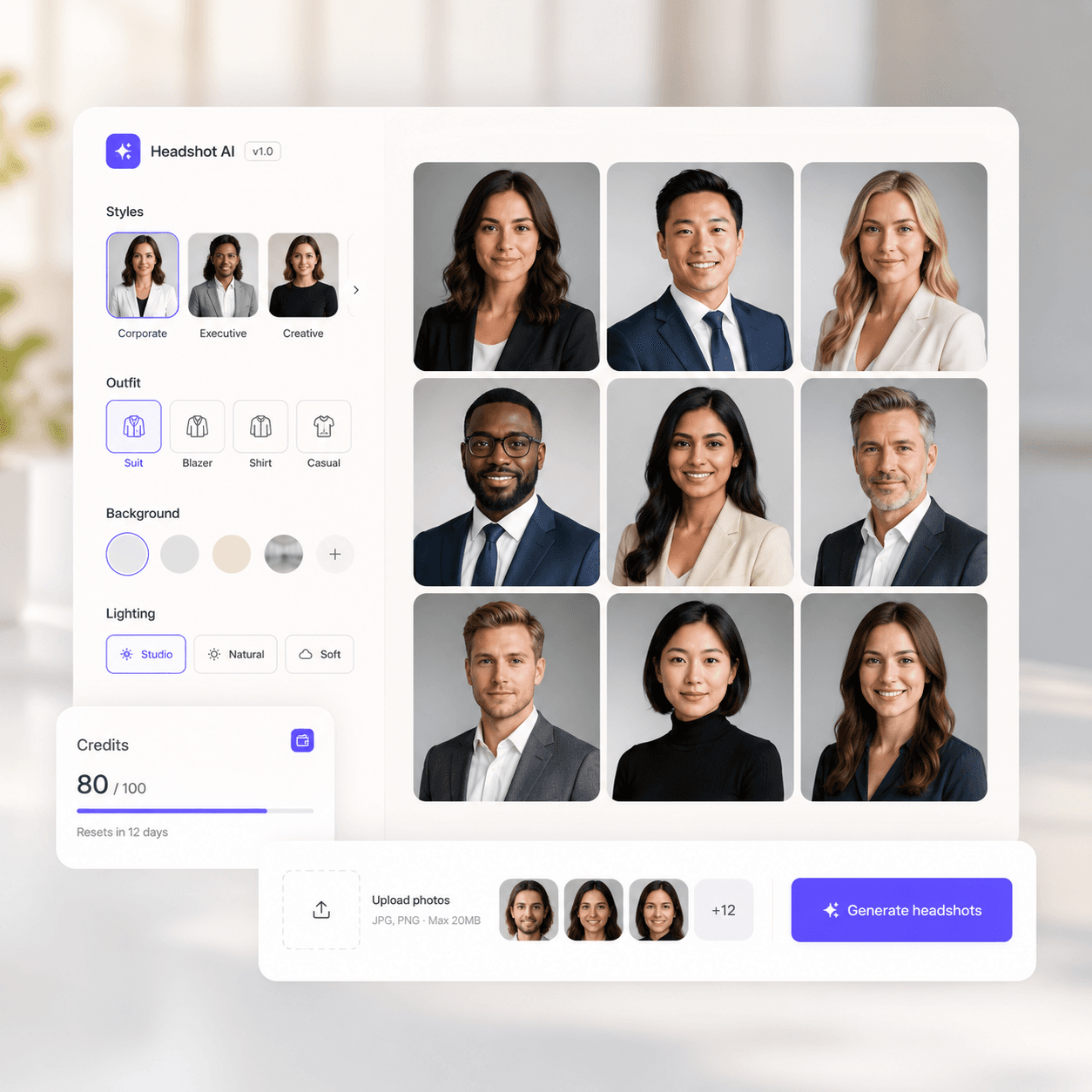 AI headshot generator UI with a grid of generated professional portraits, style and lighting controls, and a credits counter.
